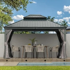 Domi 12x14FT Outdoor Hardtop Gazebo Aluminum Double Roof w/Curtain&Netting,Grey