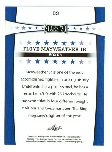 "RARE" 2020 FLOYD MAYWEATHER JR. LEAF STARS BOXING CARD #09! MINT! - Picture 2 of 2