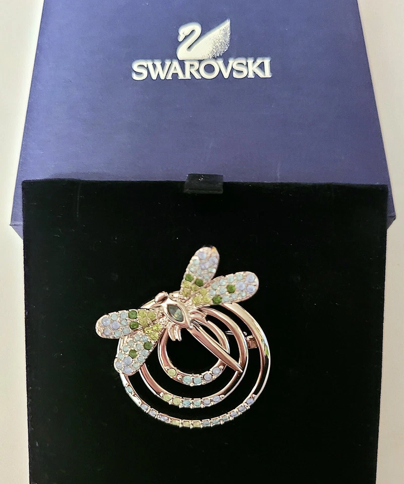 Orig. Swarovski Libelle Brosche Rhodiniert Kristall grün 3x3,5cm Neu OVP