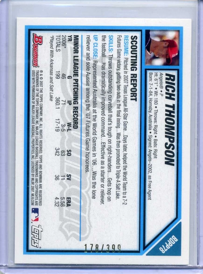 RICH THOMPSON 2007 Bowman Draft BLUE BORDER #178/399 - ANGELS - Image 2 of 2