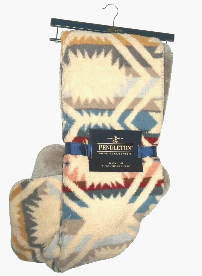 Pendleton beige / taupe Sherpa to Fleece Aztec reversible Blanket throw -50 x 70 - Image 2 of 4