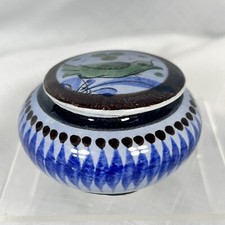 Mexico Folk Art Trinket Jar w/  Bird On Lid Hand Painted Signed TONALA JAL H L