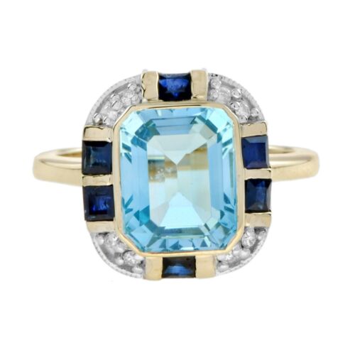 Anello in stile Art Déco con zaffiro e diamanti con topazio blu in oro... - Foto 1 di 8