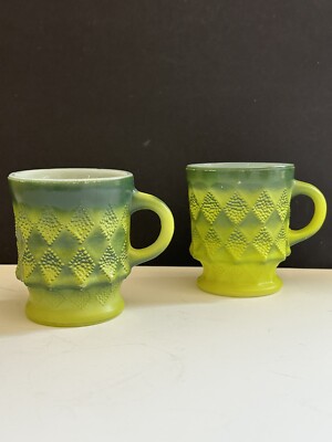 2 Vintage Fire-King Coffee Cup Mug Kimberly Diamond Green Fade