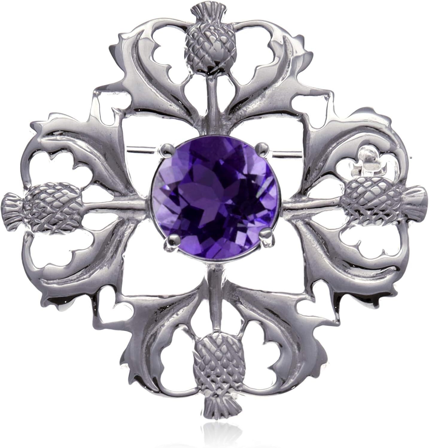 Brooch Pin Scottish Thistle Shape 925 Sterling Silver With Real Amethyst Jewelr