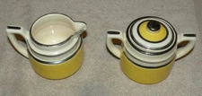 Fraunfelter Thermo-Proof Sugar/Creamer Set Yellow White Silver Zanesville Ohio