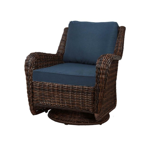 Swivel Outdoor Rocking Chair W Blue Cushions Cambridge Brown Patio Furniture