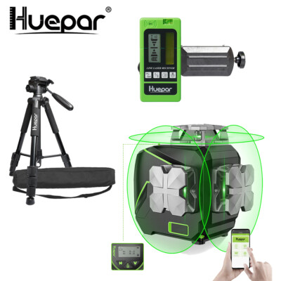 Huepar 3D Grüner Selbstnivellierender Laser mit LCD + Laserdetektor + Stativ
