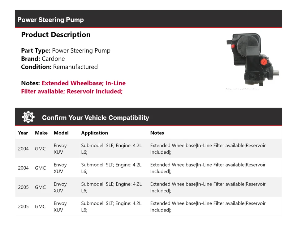 Bomba de dirección asistida Cardone para GMC Envoy XUV 2004-2005 4,2 L L6 Foto 2 de 4