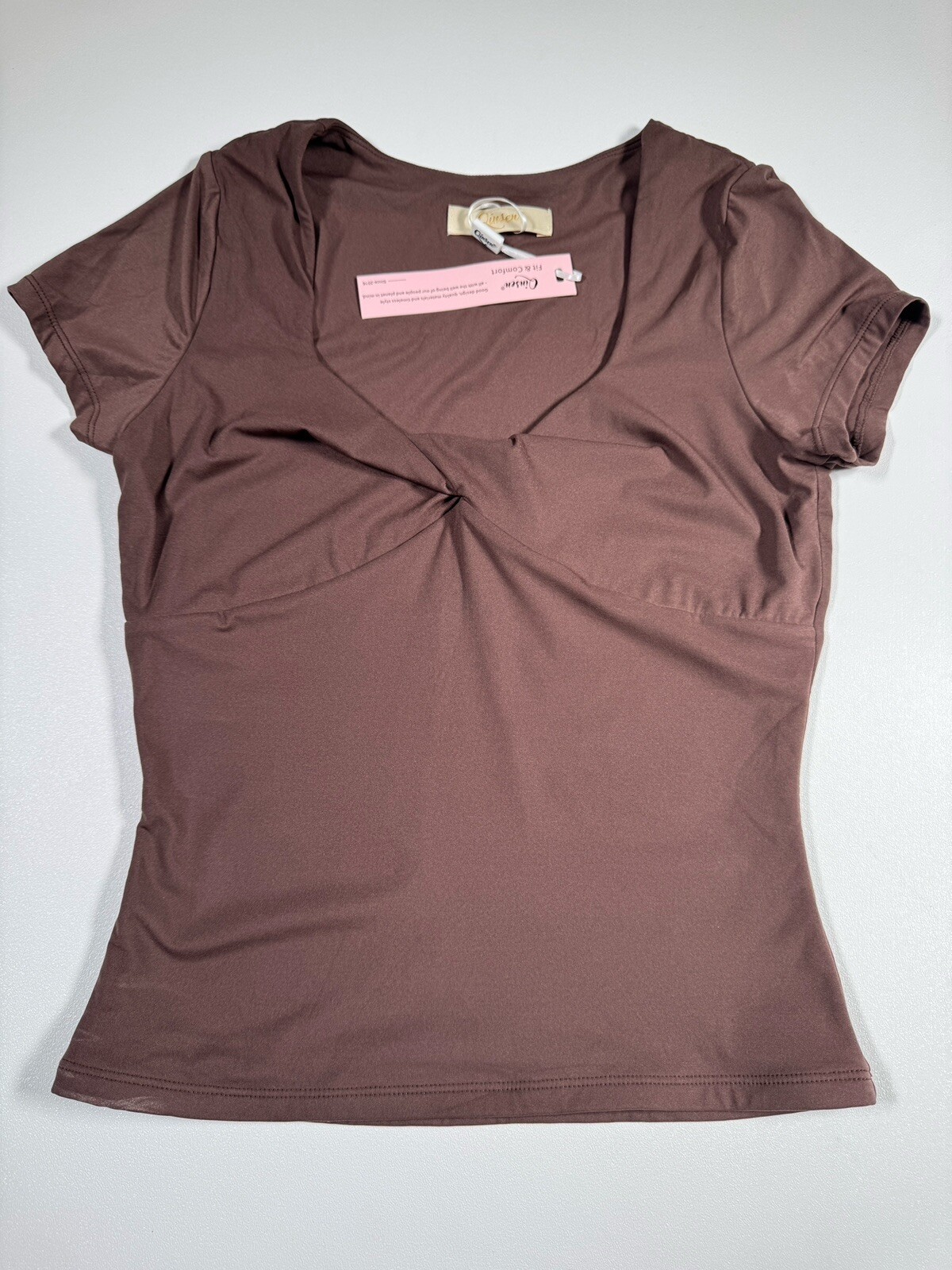 Qinsen Womens Sexy Twist Front V Neck T Shirts Double Lined Slim Fit Sz M