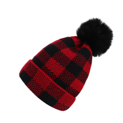 Women Winter Knit Beanie Pom Pom Hat Warm Fur Hats Buffalo Plaid Skull Ski Women Red-Plaid-Buffalo Beanie-Hat Pom-Stretch-Knit - Winter  main image 2
