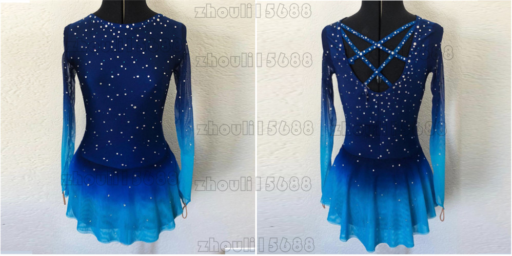 Traje de patinaje artístico personalizado de alta gama azul