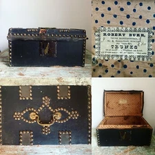 Antique Leather Covered Wood Document  Trunk / Brass Tack / Advertisement Label