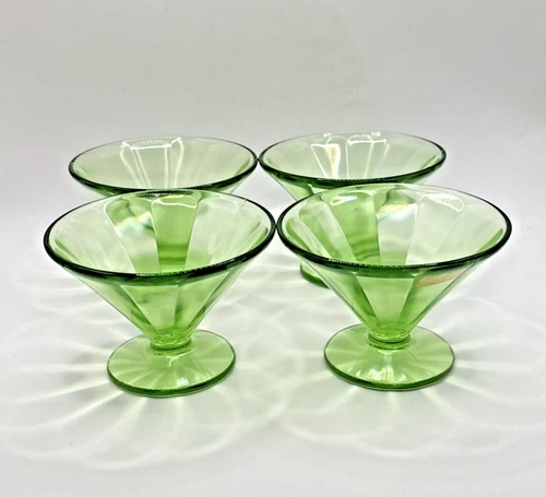 Vintage Set of Four (4) Green Uranium Glass Sherbet/Dessert Bowls- Depression