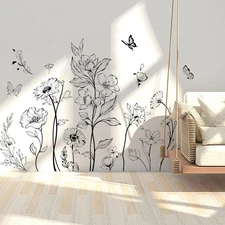 Boho Black Flower Wall Decals Simple Wildflower Floral Wall Stickers for Girl...