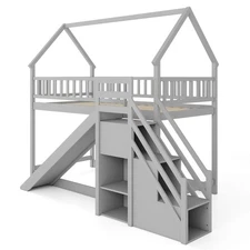 Twin Over Twin Bunk Bed with Slide & Staircase with Storage Compartments