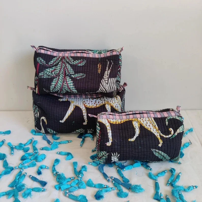 Indian Cotton Black Forest Toiletry Bag Unisex Makeup Bags Waterproof 3 Pcs. Set