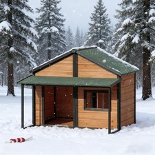 Outdoor Dog House - Wooden Raised Kennel w/Asphalt Roof, Porch  Window