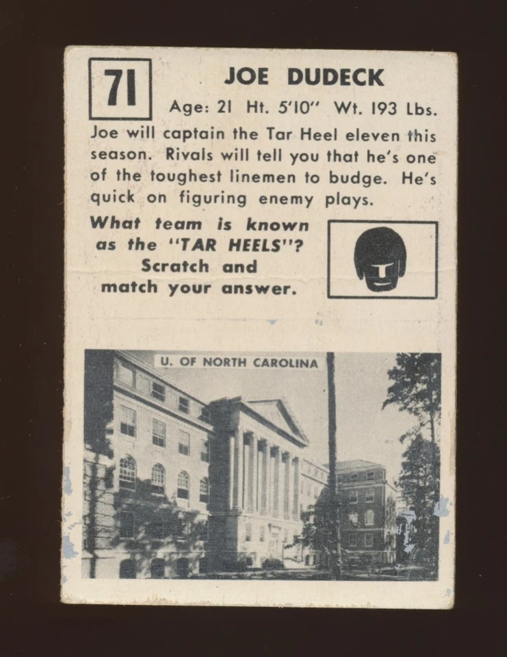 1951 Topps Magic Football -#71 JOE DUDECK (North Carolina Tar Heels) - Image 2 of 2