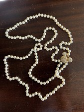 Vtg Disney Large Mickey Mouse Gold Rhinestone Faux Pearl Double Strand Necklace