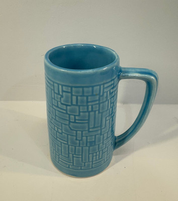McCoy Pottery Tankard Mug Vase Faux Brick Design Teal Vintage Mark Mt Clemens