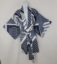 NATORI Womens Short Robe Size L Shima Wrap Navy White Geometric Striped Lounge