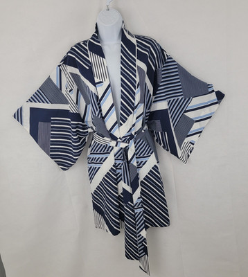 NATORI Womens Short Robe Size L Shima Wrap Navy White Geometric Striped Lounge