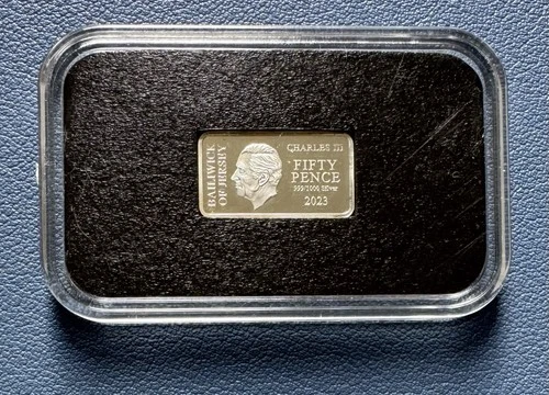 2023 Silver (999) Proof Stamped Jersey 50p Ingot. 2.5g.  Charles III Coronation