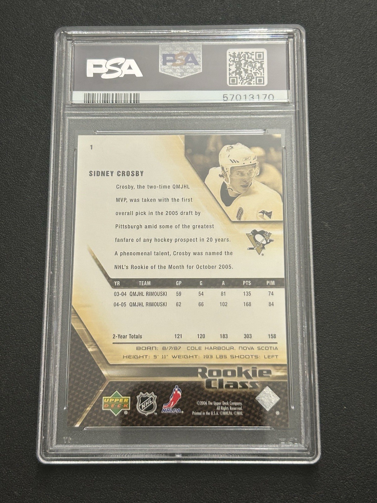 2005-06 Upper Deck Sidney Crosby RC #1 Rookie Class PSA 9 MINT  Penguins Hockey view 2
