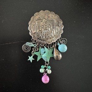 VTG Mexican Guatemalan Silver Tribal Brooch Turquoise Pink Charms Silver 3 1/2”