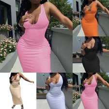 Women's Long Camisole Skirt Bodycon Dress Sleeveless Deep U Neck Casual Style