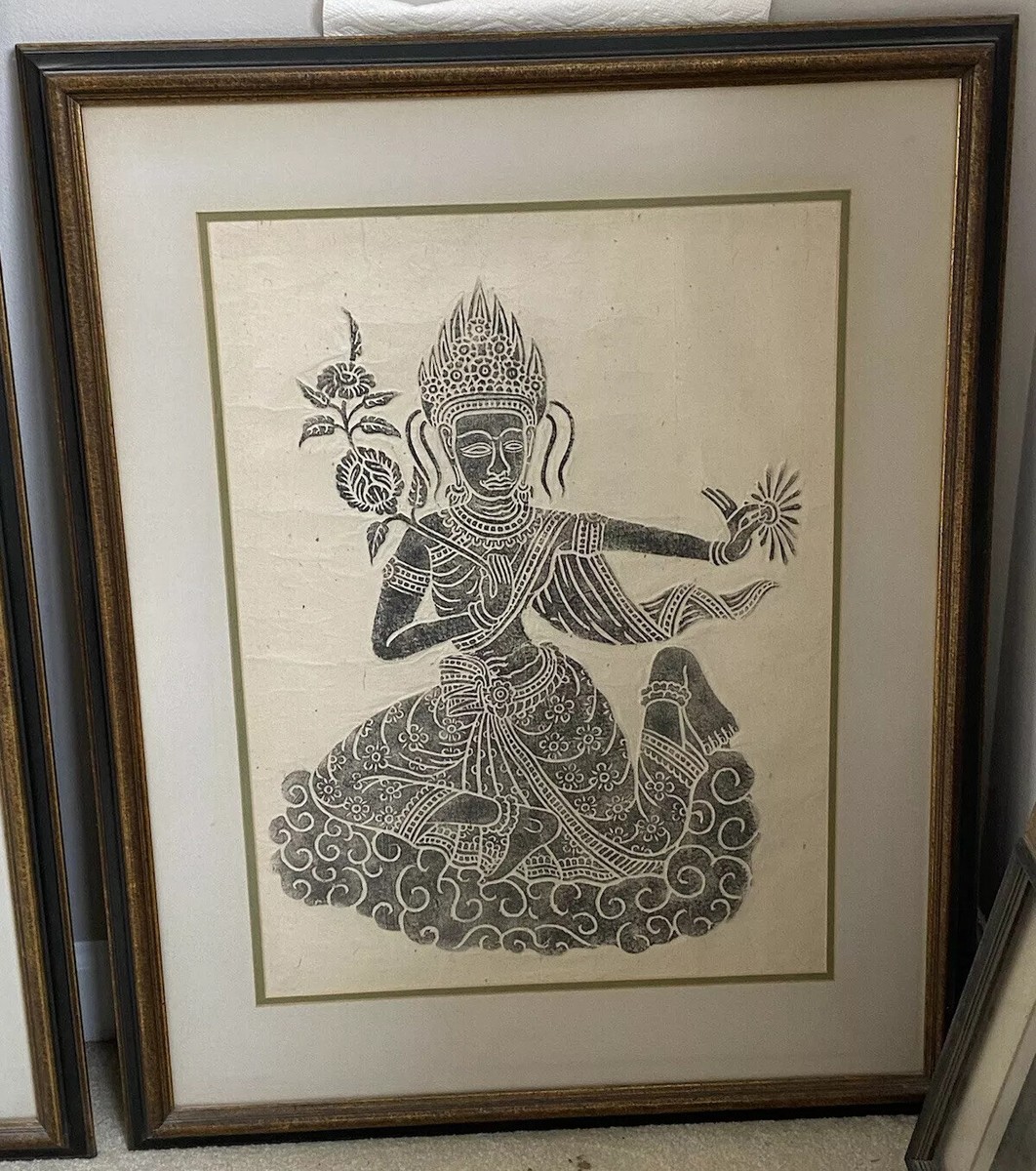 VTG 1968 Thai Temple Art Charcoal Rubbing on Rice Paper Brown