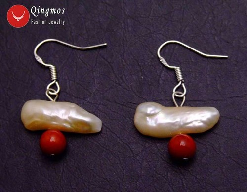 15-25mm Natural FW Biwa Pink Pearl Earring for Women & Red Coral Dangle Earring - Picture 6 of 6