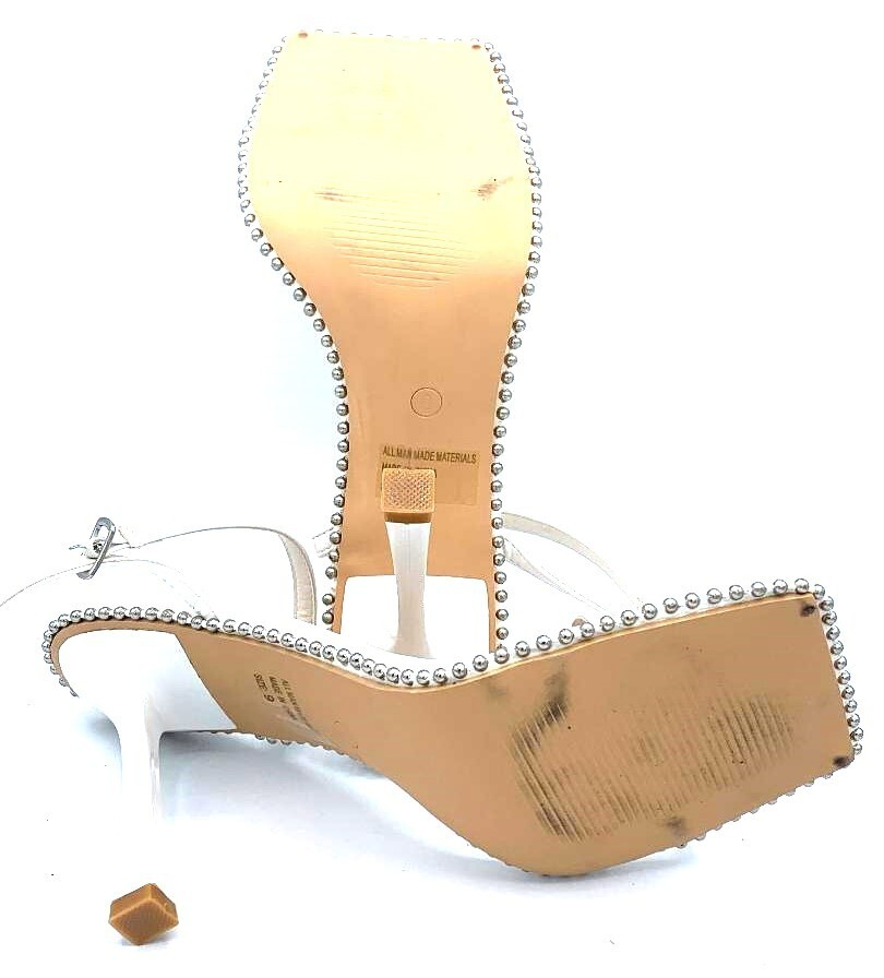 Wild Diva Lounge WHITE Square Open Toe Studded Trim Heel Sandals Size 9