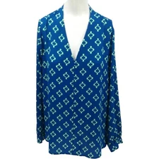 Pleione Blue Geometric Popover Long Sleeve V-Neck Blouse Size M Lightweight