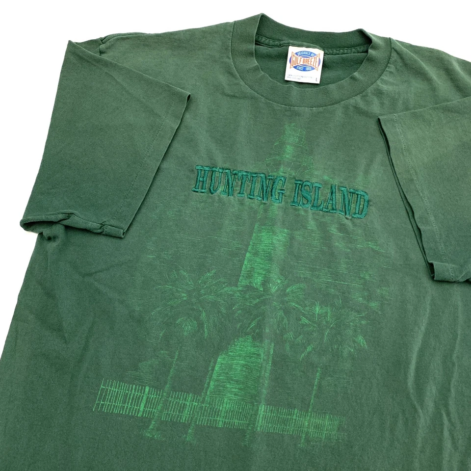 Isla de caza vintage años 90 puntada única grande algodón verde bordado hecho en EE. UU. Foto 3 de 4