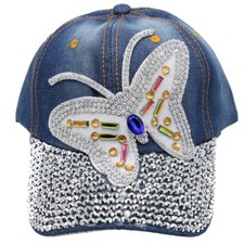 Ball cap hat BUTTERFLY Distressed Denim Jean Sparkling Multi-Color Rhinestones