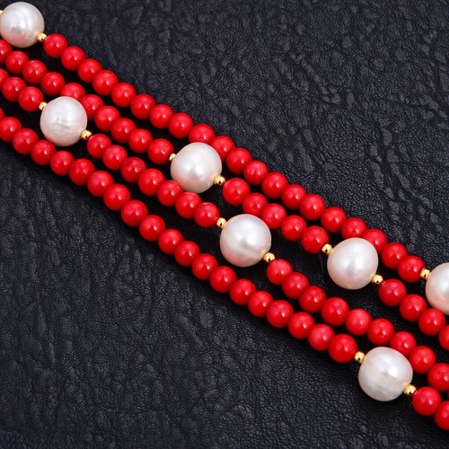 8'' 4 Rows 10mm White Round Pearl 6mm Round Red Coral Bracelet For Women Fashion - Picture 6 of 6