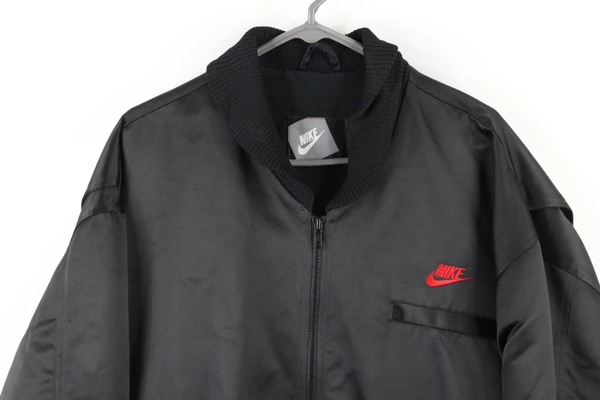 Vtg 90s Nike Mens Large Lyn St James Nike Racing Spell Out Satin Bomber Jacket