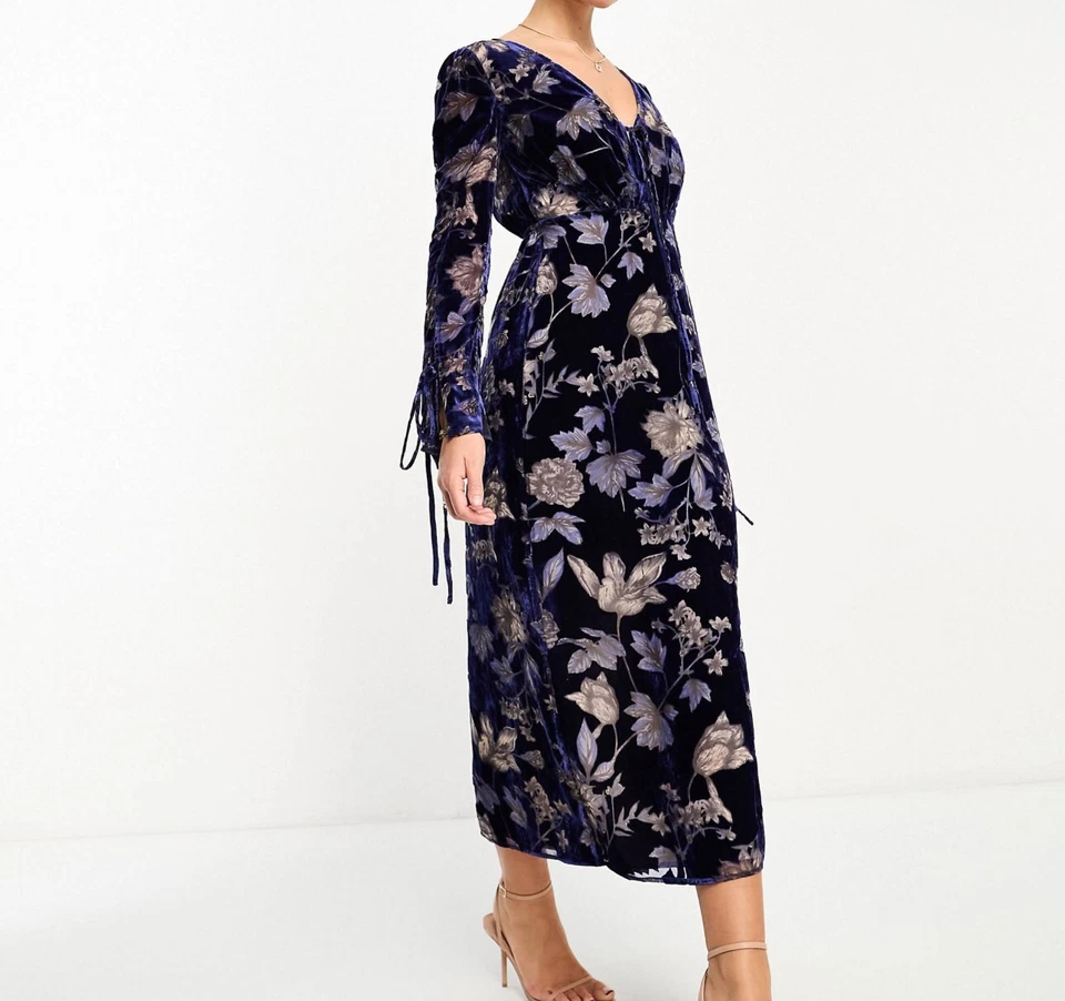 ASOS Design 连衣裙女式 8 蓝色天鹅绒花卉连衣裙波西米亚领带正面 — 第 2/4 张图片