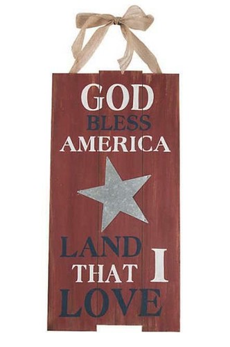 Patriotic 4th of July God Bless America Rustic Hanging Sign 10" x 20" Wood