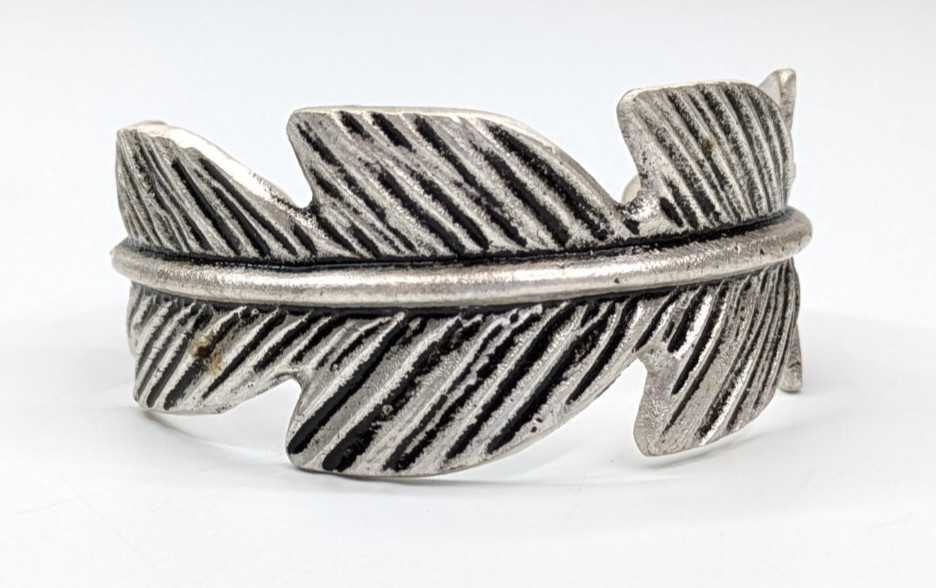Rustic Cuff Textured Silver Tone Feather Boho 1 1… - image 3