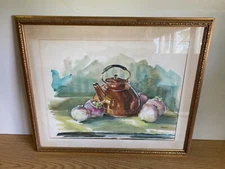 Original Art Deco Teapot Watercolor Painting Vintage Still Life 
