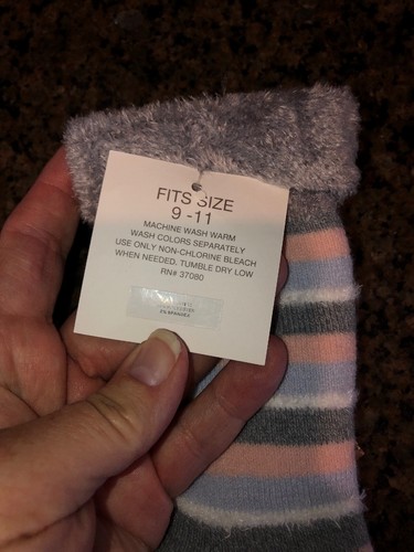 Ladies Cato Slipper Socks Gray, White, Pink, &  Light Blue Stripe  Fuzzy Inside  - Picture 5 of 5