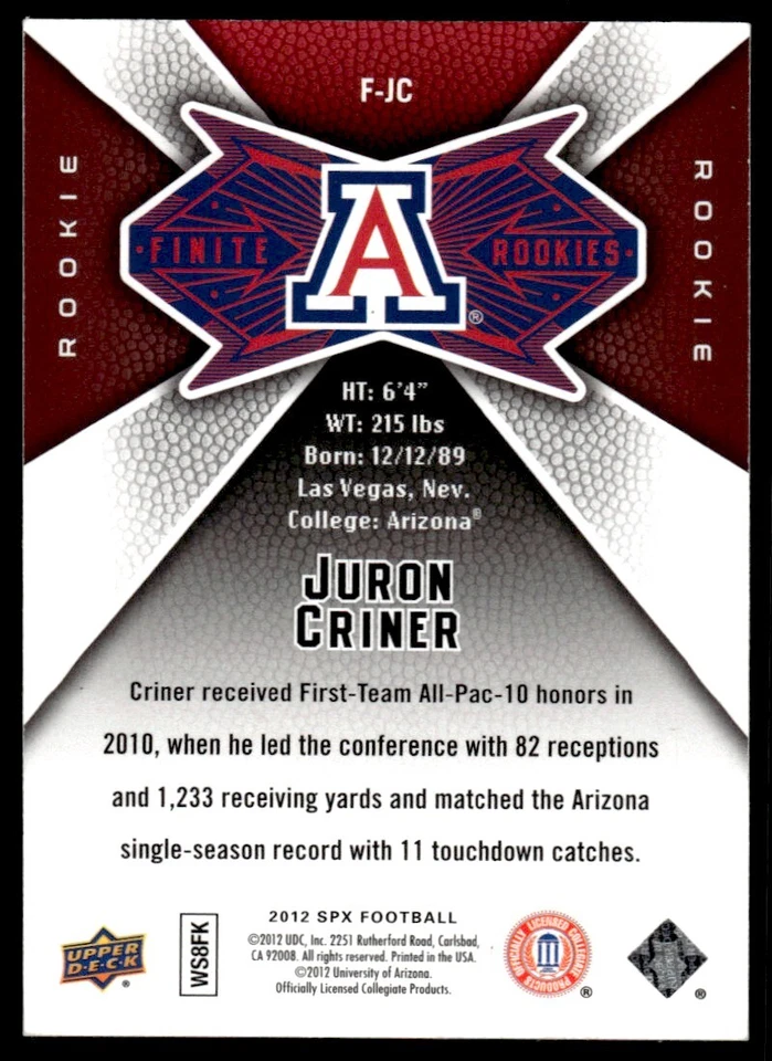2012 SPx Finite Rookies Juron Criner 124/299 Arizona Wildcats #F-JC - Image 2 of 2