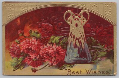 Series A #21~Best Wishes~Pink & Red Flowers Behind Angel In Fireplace~PM 1911 PC