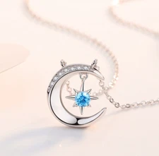 Women 925 Sterling Silver Crescent Moon & Star CZ Pendant Necklace Gift Box H12
