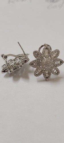 Flower Design CZ Cluster Earrings Sterling Silver Round and Baguette CZ Stones - Picture 3 of 8