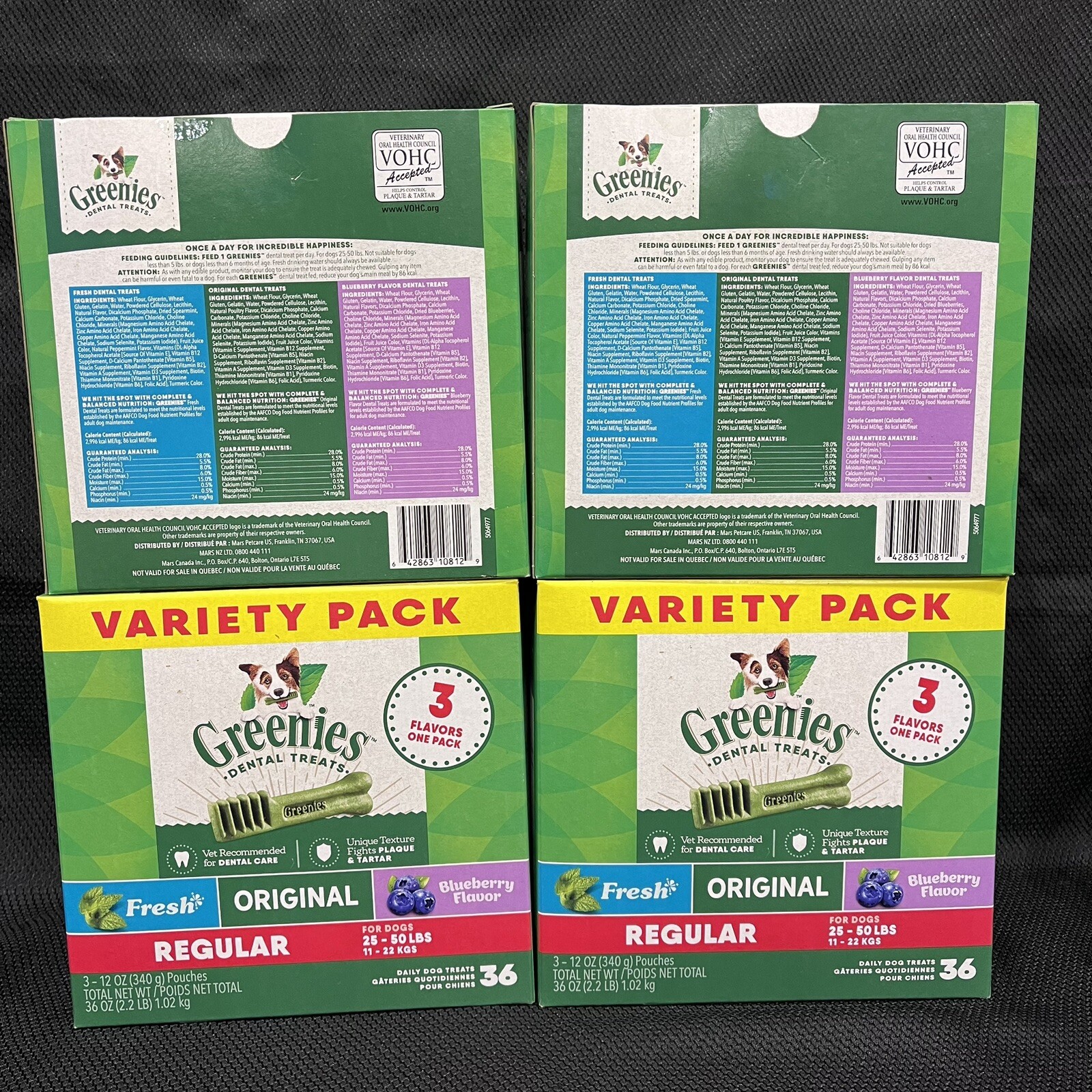 4 Packs Greenies Dental Treats Variety Pack for Dogs, 36 Treats Per Box