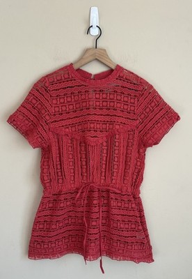 Carolina K Top Crochet Lace Drawstring Peplum Womens Size Medium Blouse